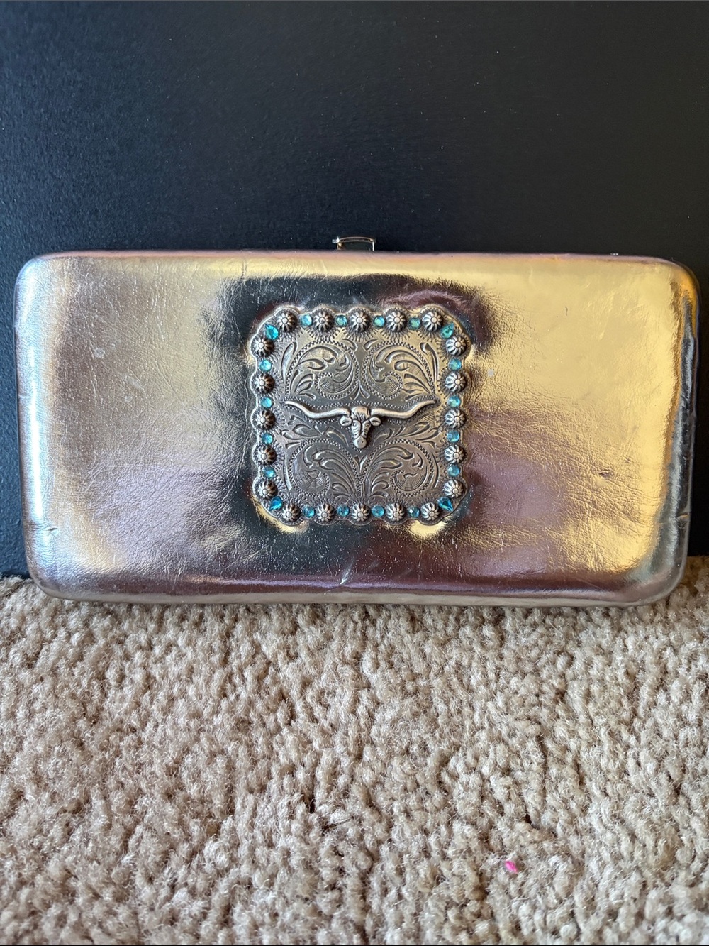 Metallic Silver Clutch with Turquoise Accent and Concho Detail
